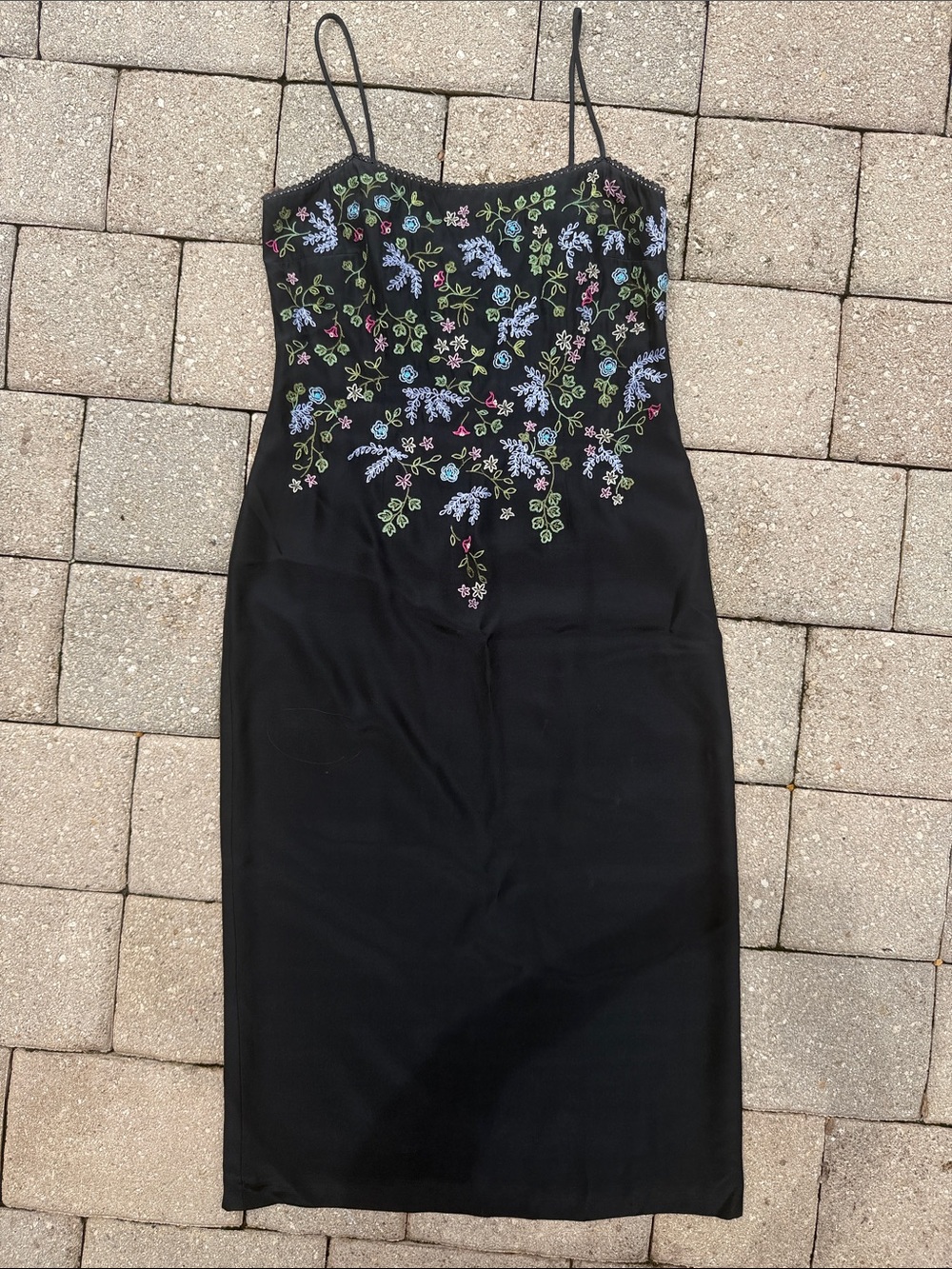 Vintage y2k Black Floral Embroidered silk Slip Dress
